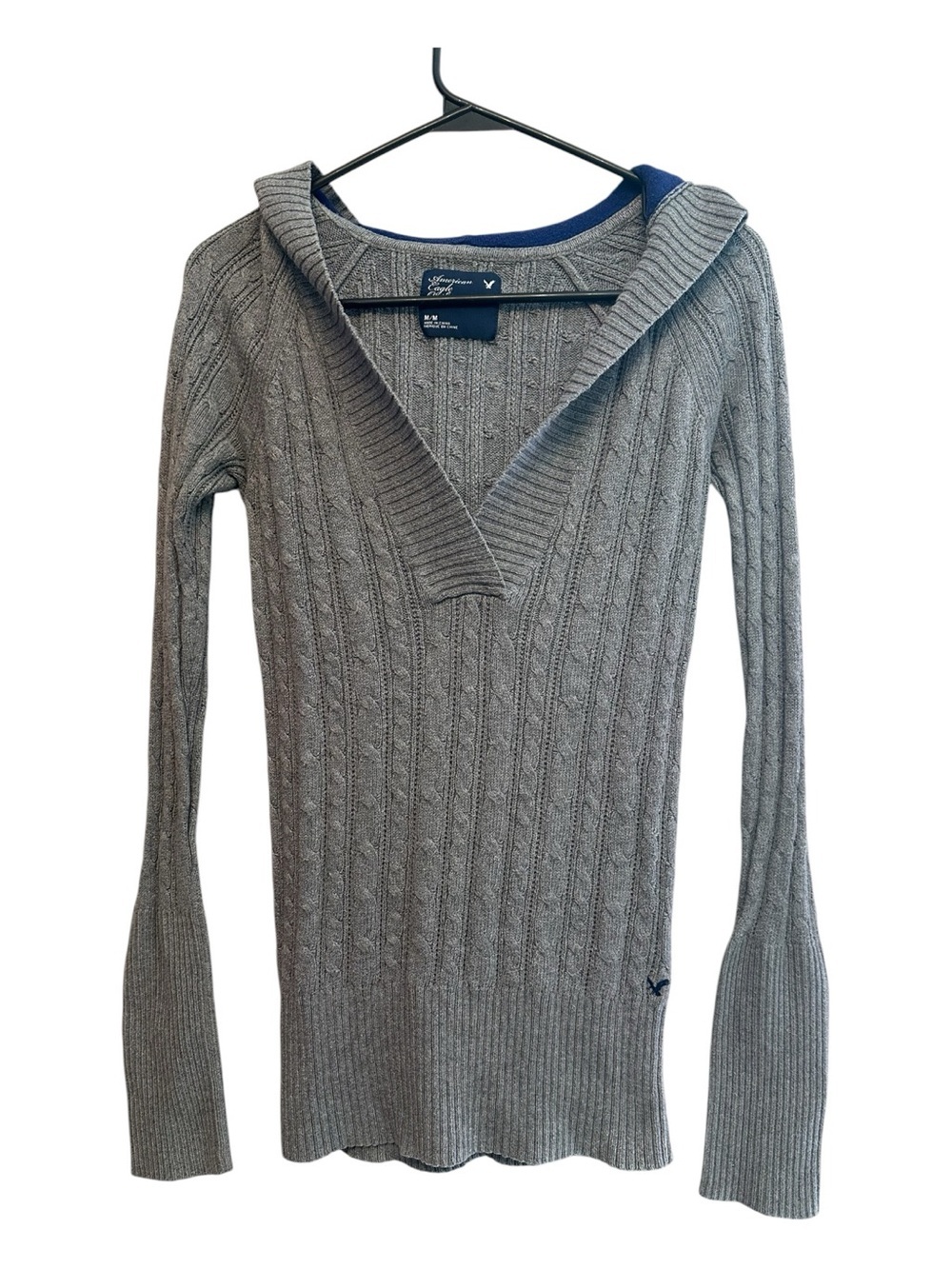 Y2K Era Preppy American Eagle Gray Cable-Knit Hooded V-Neck Sweater Medium